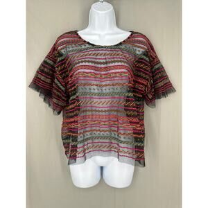 Anthropologie Maeve Top Womens Small Black Sheer Multi Colorful Mesh Ruffle Boho